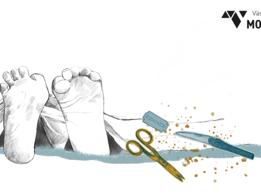 Illustration som symboliserar kvinnlig könsstympning, med ett par fötter och verktyg