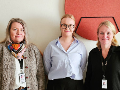 Linda Edin, Sofie Berg och Angelica Åkerberg-Fransson, Sundsvalls kommun, framför en vägg med röda bollar.