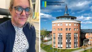 Tvådelad bild på Jeanette Jernberg, samordnare inom utbildningsområdet på Kommunförbundet Västernorrland och Spiran, det runda huset där Kommunförbundet håller till i Härnösand. Med logotype.